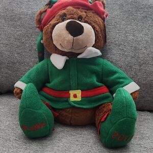 Abella Brown Plush Bear in Green and Red Holiday Outfit